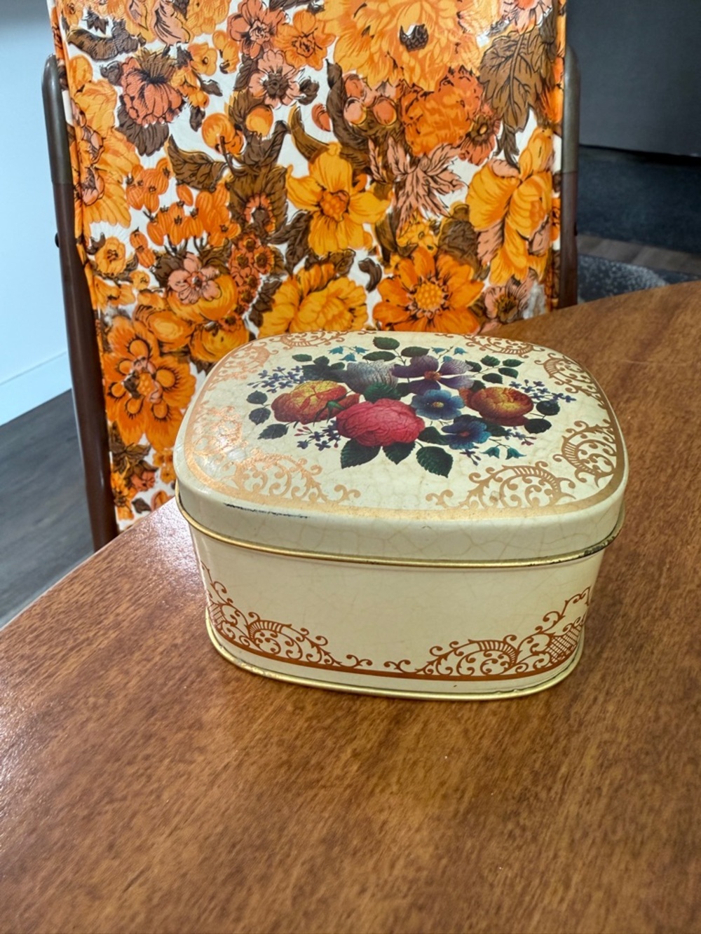 Vintage 1960’s English-Cream Floral Decorative Tin Box - Home Accents